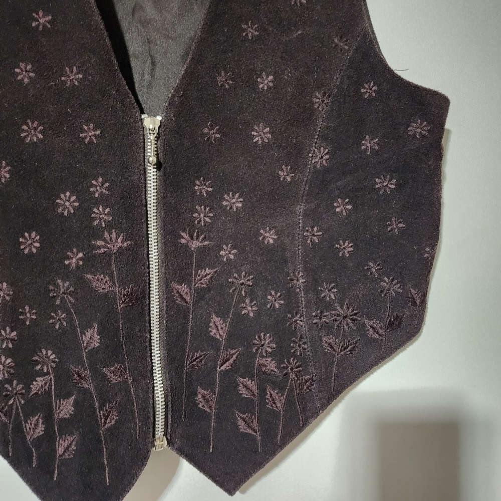 VINTAGE AJ 60s/70s Brown Leather Wildflower Zip Vest | Western Boho Hippie L - Picture 6 of 10